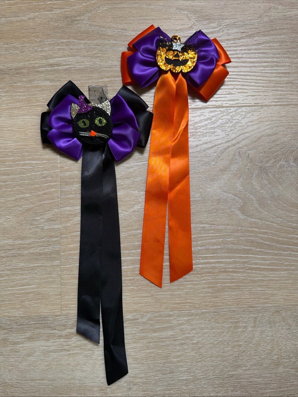 Set Of Two Halloween Hair Bows Ribbons Clips Black Cat And Jack O Lantern